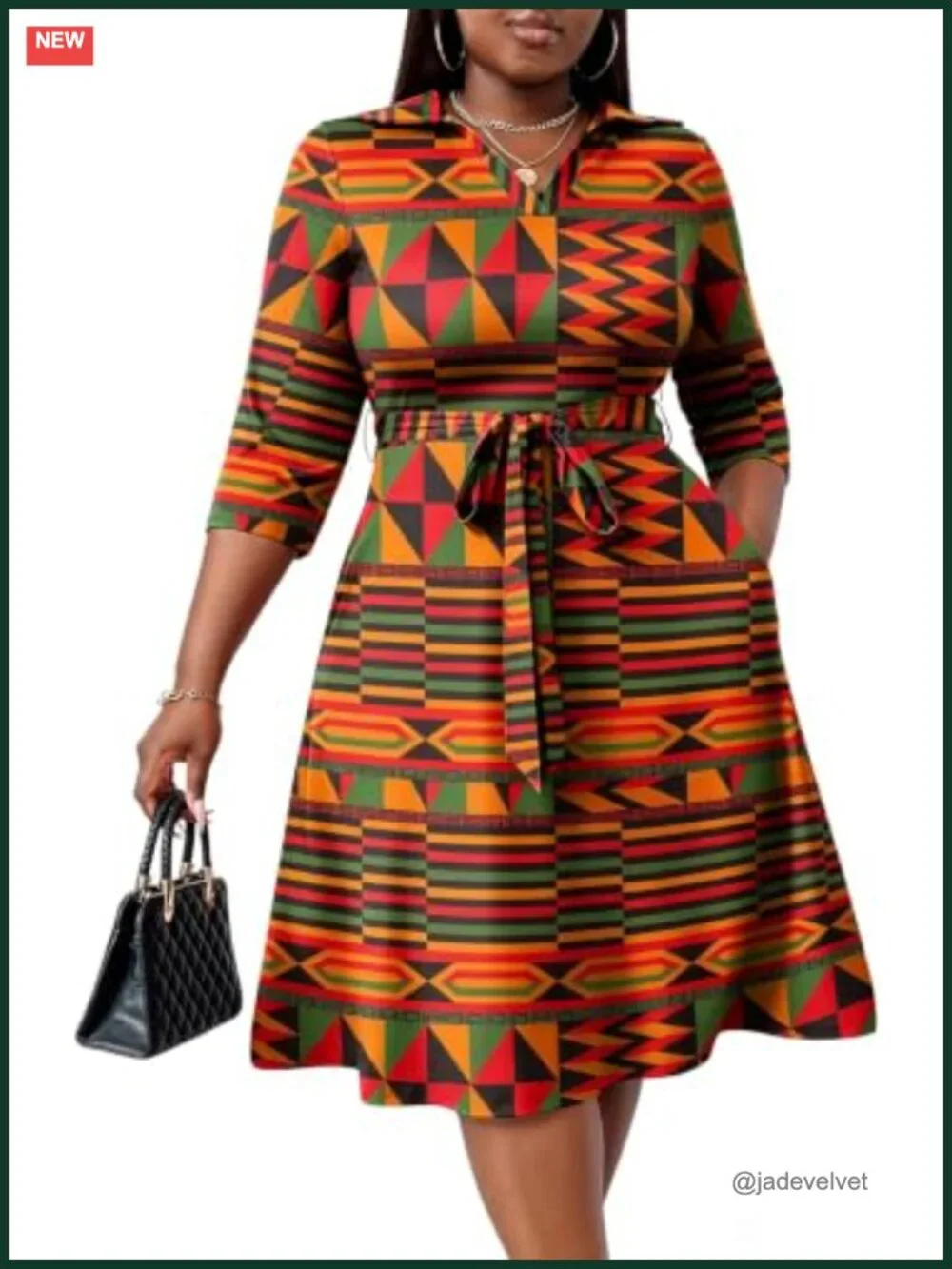 Plus Size African Print Midi Dress with Pockets and Belt - Flutter Sleeve A-Line